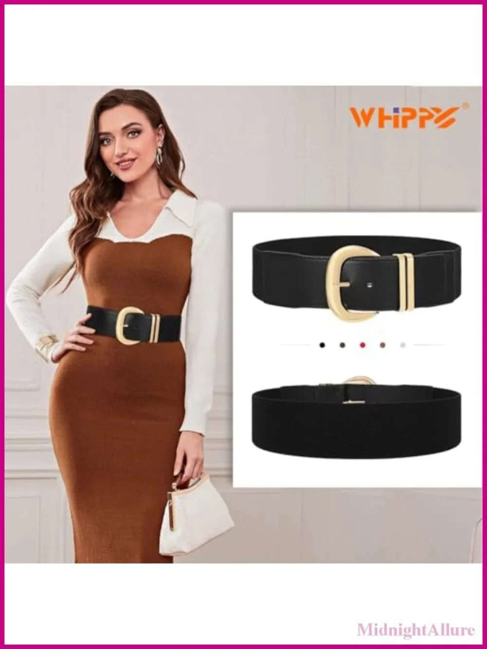 Wide Elastic Waist Belt for Dresses with Gold Buckle Stretchy PU Leather
